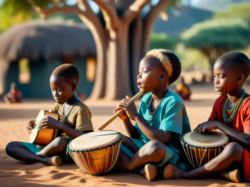 Un círculo de niños africanos aprendiendo música bajo un baobab