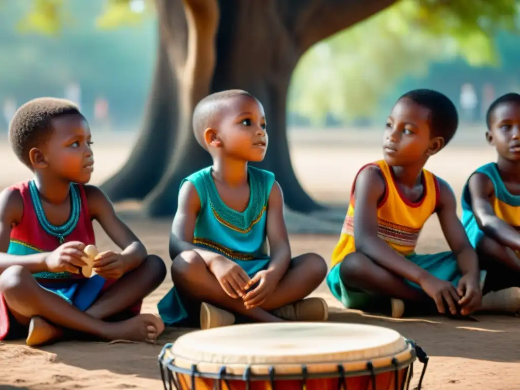 Un círculo de niños africanos tocando tambores y xilófonos bajo un árbol, transmitiendo la alegría de la música tradicional para niños africanos