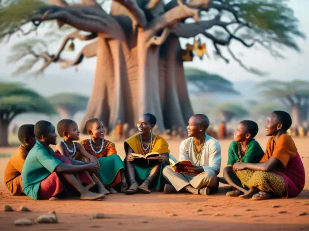 Un círculo de niños escucha atentamente a un anciano contar historias debajo de un baobab en una aldea africana