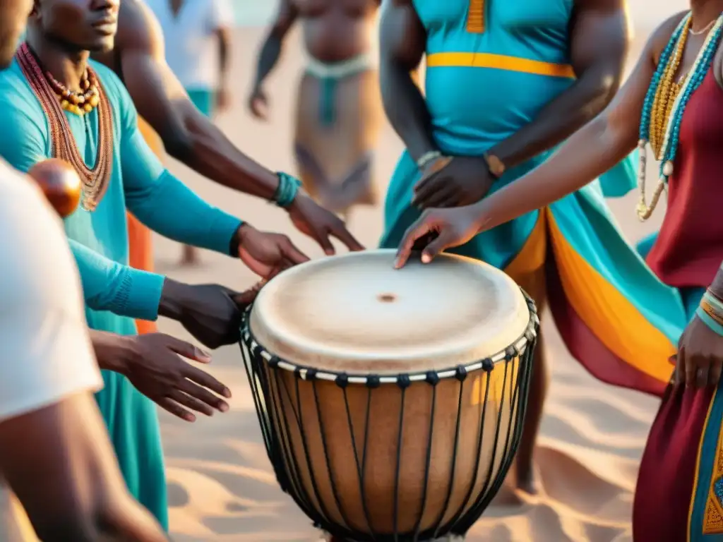 Un círculo de tambores africano en la playa al atardecer, con personas bailando