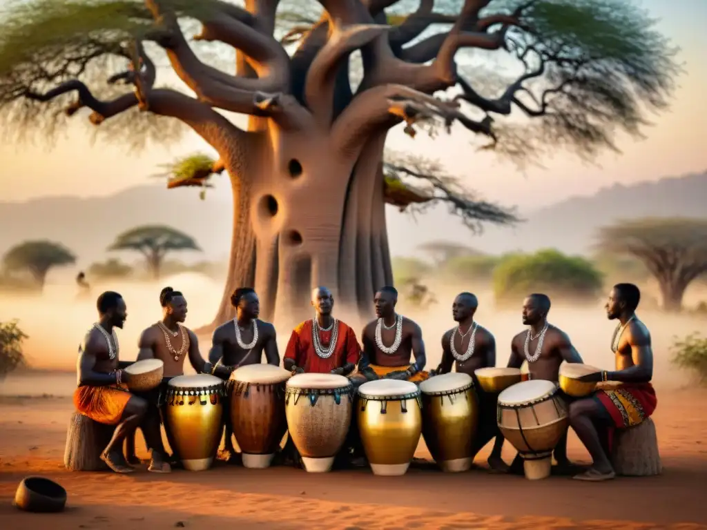 Un círculo de tambores africanos al atardecer bajo un baobab, con músicos tocando ritmos complejos