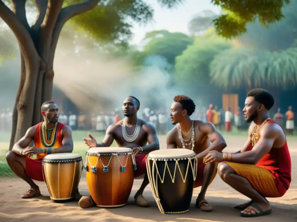 Un círculo de tambores africanos tradicionales bajo un árbol, con influencia espiritual y conexión a la música global