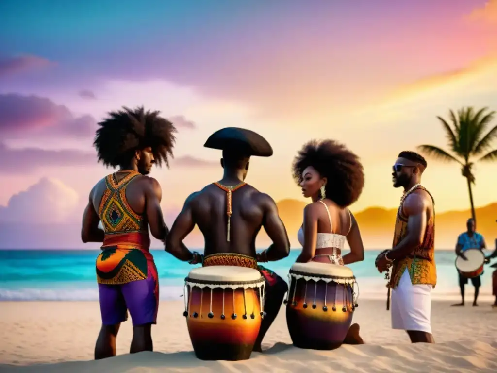 Un círculo de tambores afrocaribeños en una playa al atardecer, reflejando la influencia de la música caribeña de civilizaciones africanas