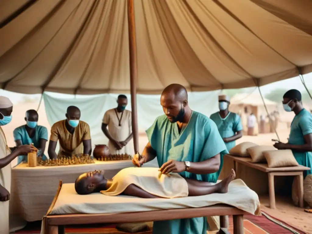 Un cirujano experto realiza un procedimiento médico en un animado campamento en Mali, destacando los avanzados procedimientos médicos en África