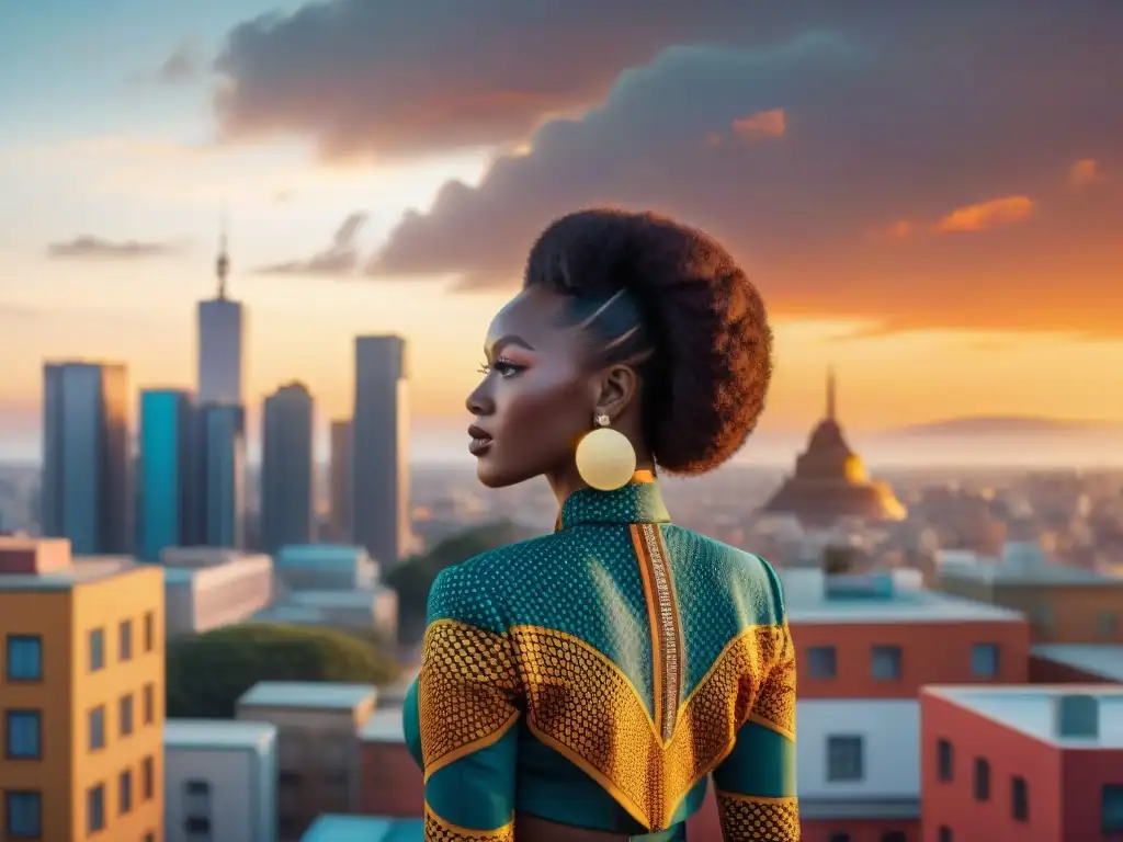 Una ciudad afrofuturista vibrante que fusiona raíces africanas e influencia global en arquitectura y moda, bajo un atardecer dorado