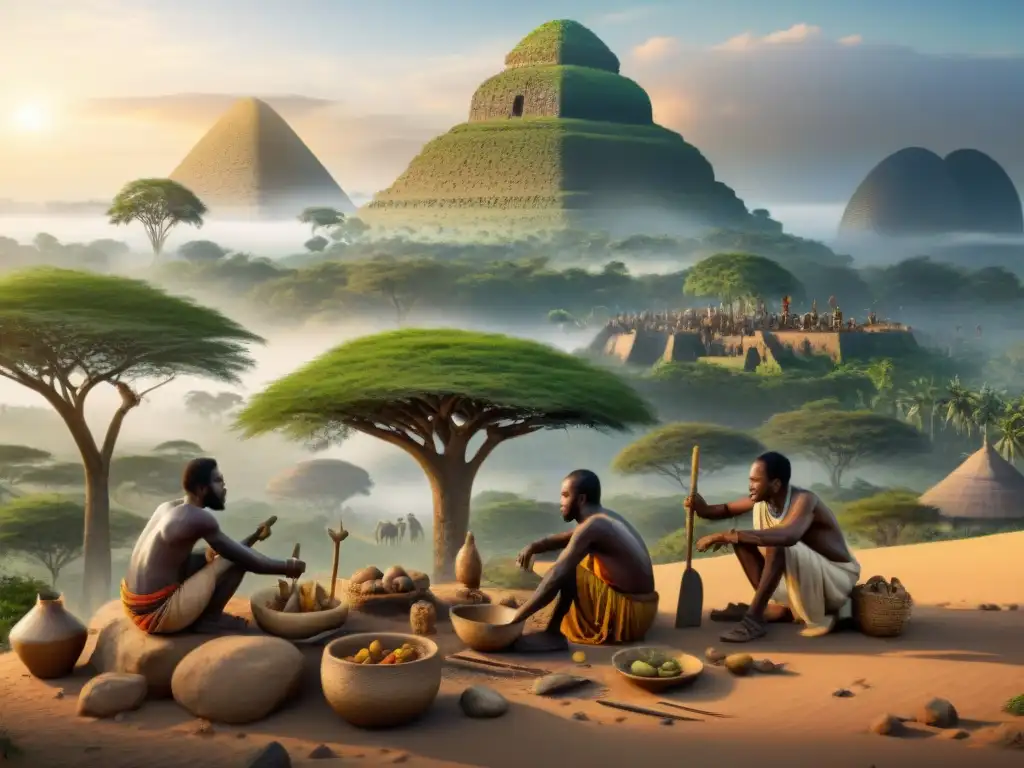 Civilizaciones africanas antiguas utilizando herramientas prehistóricas en la vida diaria