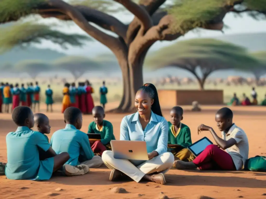 Una clase al aire libre en África con tecnología educativa, estudiantes animados y un paisaje vibrante