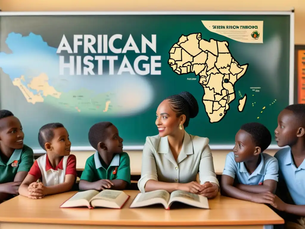 Una clase inclusiva de historia africana en currículos globales, con niños de diversas etnias aprendiendo sobre cultura y patrimonio africanos