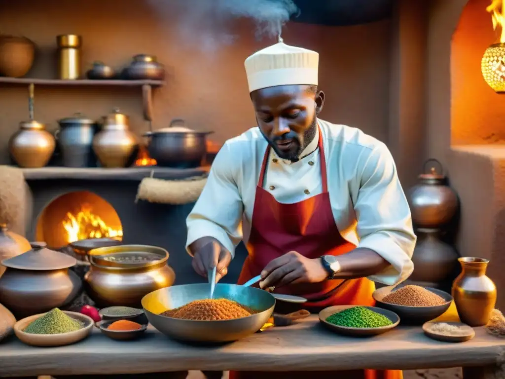 Cocina africana con recetas históricas: Chef preparando plato tradicional sobre fuego abierto