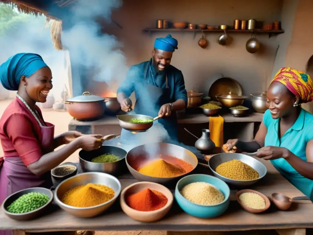 Cocina africana tradicional con diversidad de personas preparando platos coloridos y aromáticos, resaltando la rica herencia culinaria del continente