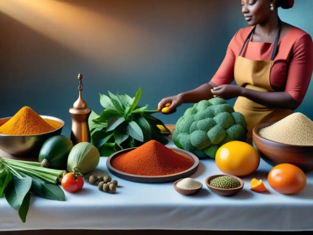 Una cocina africana tradicional llena de vida y color, con chefs preparando platos con ingredientes autóctonos