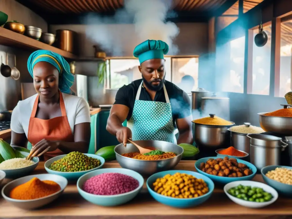 Una cocina africana tradicional llena de actividad culinaria, chefs expertos y vibrantes ingredientes