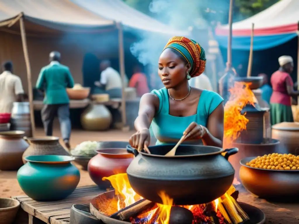 Cocina tradicional africana con influencia global: Mujeres preparando platos típicos en un mercado vibrante