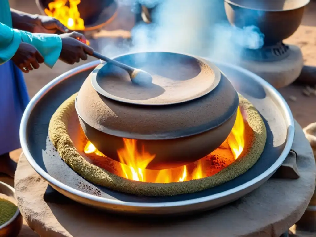 'Cocina tradicional del Cuerno de África: injera etíope cocinándose sobre fuego, rodeada de especias vibrantes