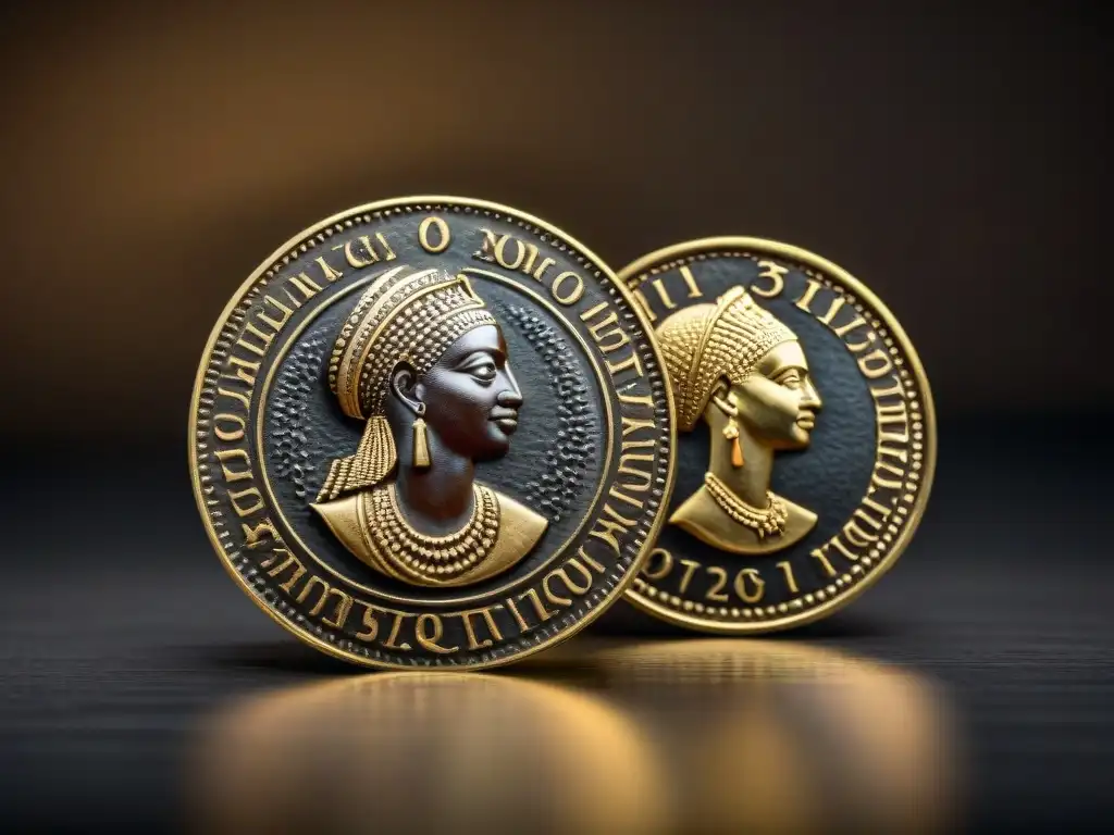 Una colección de antiguas monedas africanas en detalle, destacando su historia y artesanía bajo suave iluminación de museo