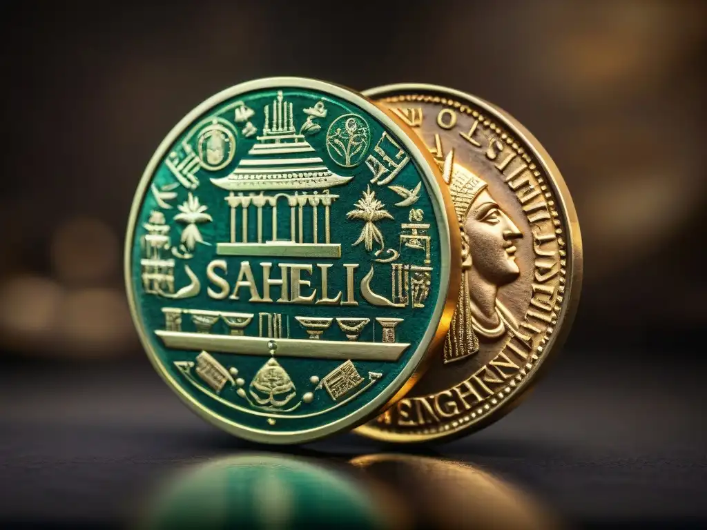 Una colección de antiguas monedas de los Imperios Sahelianos en un fondo de terciopelo oscuro, reflejando la riqueza comercial de la región