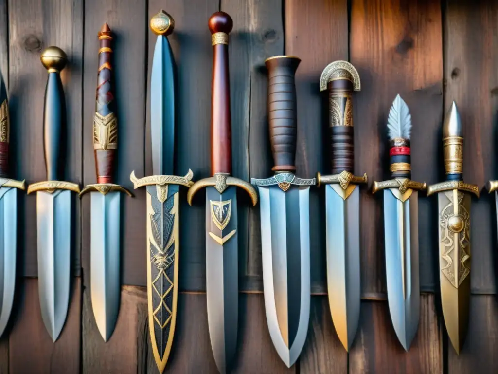 Una colección de armas antiguas de guerreros africanos en una mesa de madera oscura, iluminadas con suavidad