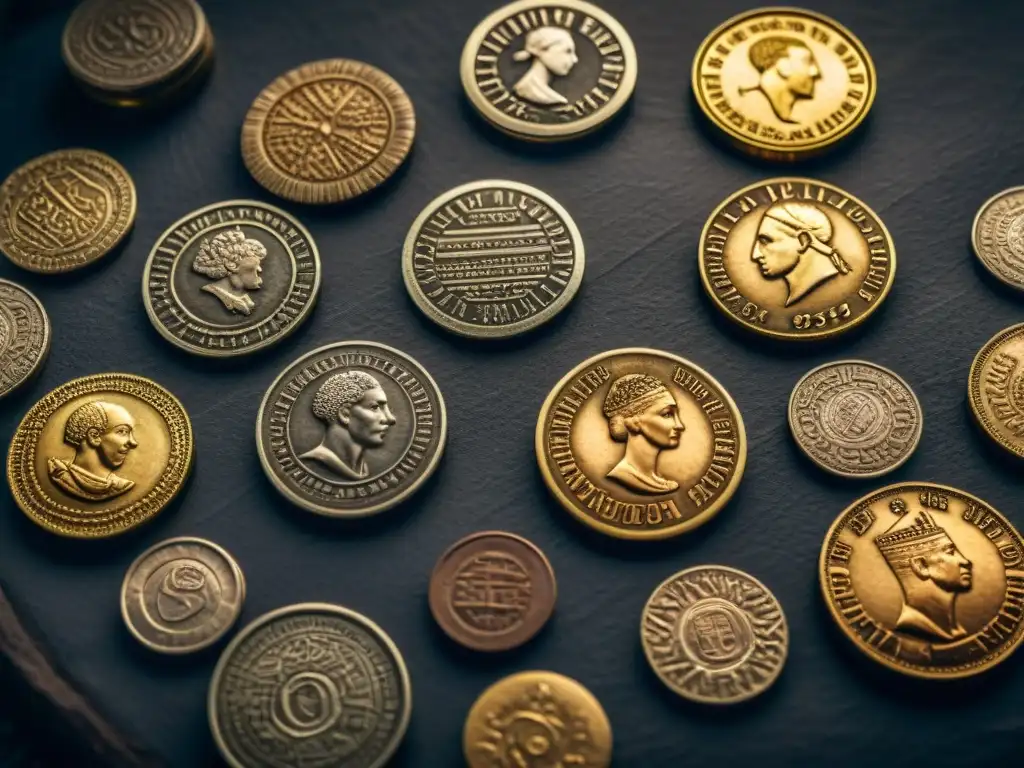 Una colección diversa de antiguas monedas africanas en detalle sobre fondo oscuro texturizado