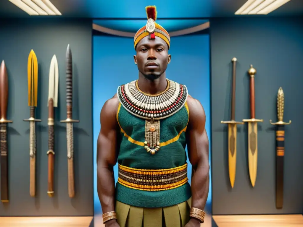 Una colección diversa de armas africanas bellamente diseñadas en exhibición, reflejando la rica herencia cultural y significado en reinos africanos