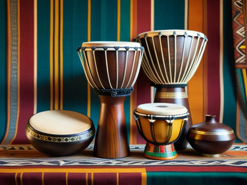 Una colección divina de instrumentos musicales africanos sobre un vibrante fondo de tela Kente, iluminados por una suave luz natural