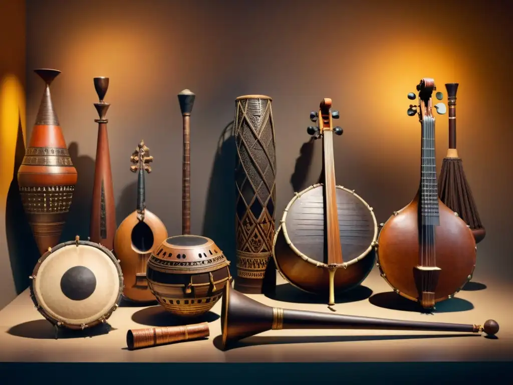 Una colección de instrumentos musicales africanos antiguos, exhibidos en un museo con iluminación tenue, destacando su rica historia y artesanía