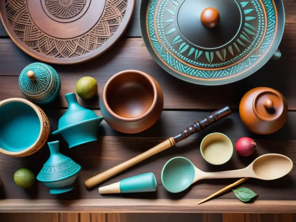 Una colección de utensilios y herramientas de cocina antiguos africanos, iluminados suavemente en una mesa de madera rústica