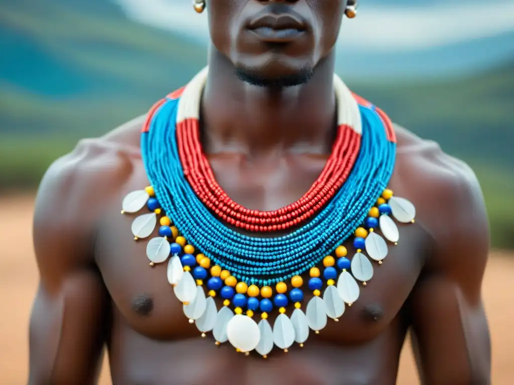 Un collar Masai bellamente elaborado con cuentas en rojo, azul y blanco, mostrando patrones geométricos y el significado de adornos joyas África