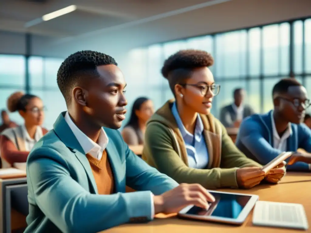 Colorida aula de tecnología educativa en África: alumnos diversos y profesor apasionado debatiendo con entusiasmo