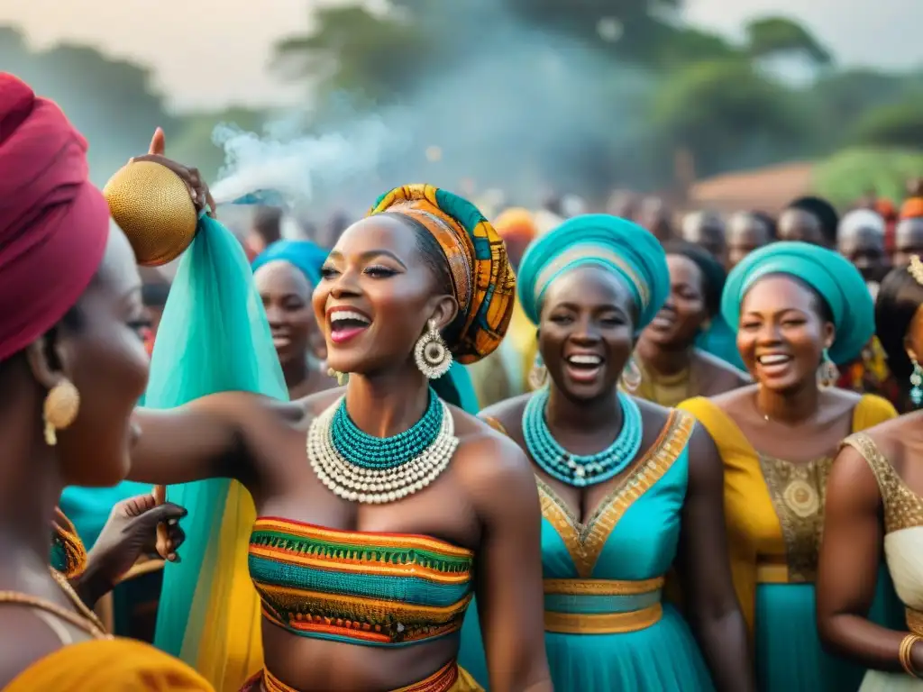 Colorida boda africana tradicional, la novia luce traje cultural rodeada de mujeres alegres