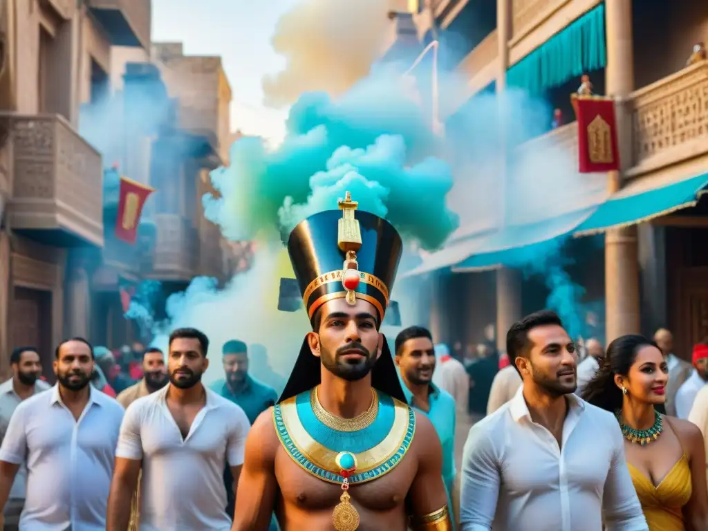 Colorida procesión callejera durante un festival en Egipto, con música alegre y vestimenta tradicional