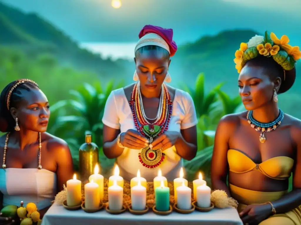 Colorida ceremonia Vodou en Haití, mezclas religiosas africanas sincretismo, adoradores, velas, ofrendas y arte haitiano