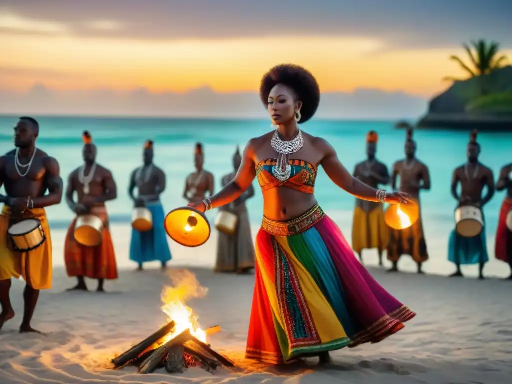 Colorida ceremonia de Vodou en playa caribeña al atardecer