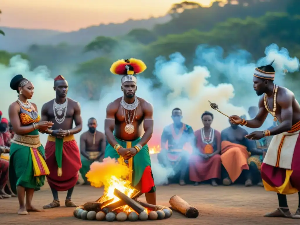 Colorida ceremonia religiosa africana alrededor del fuego en la selva al atardecer