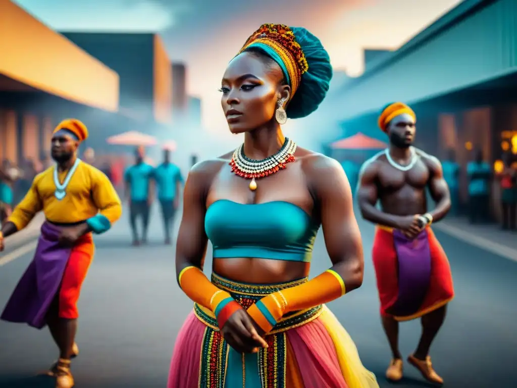 Una colorida danza tradicional de la diáspora africana en la ciudad, reflejando la resiliencia africana diáspora continentes