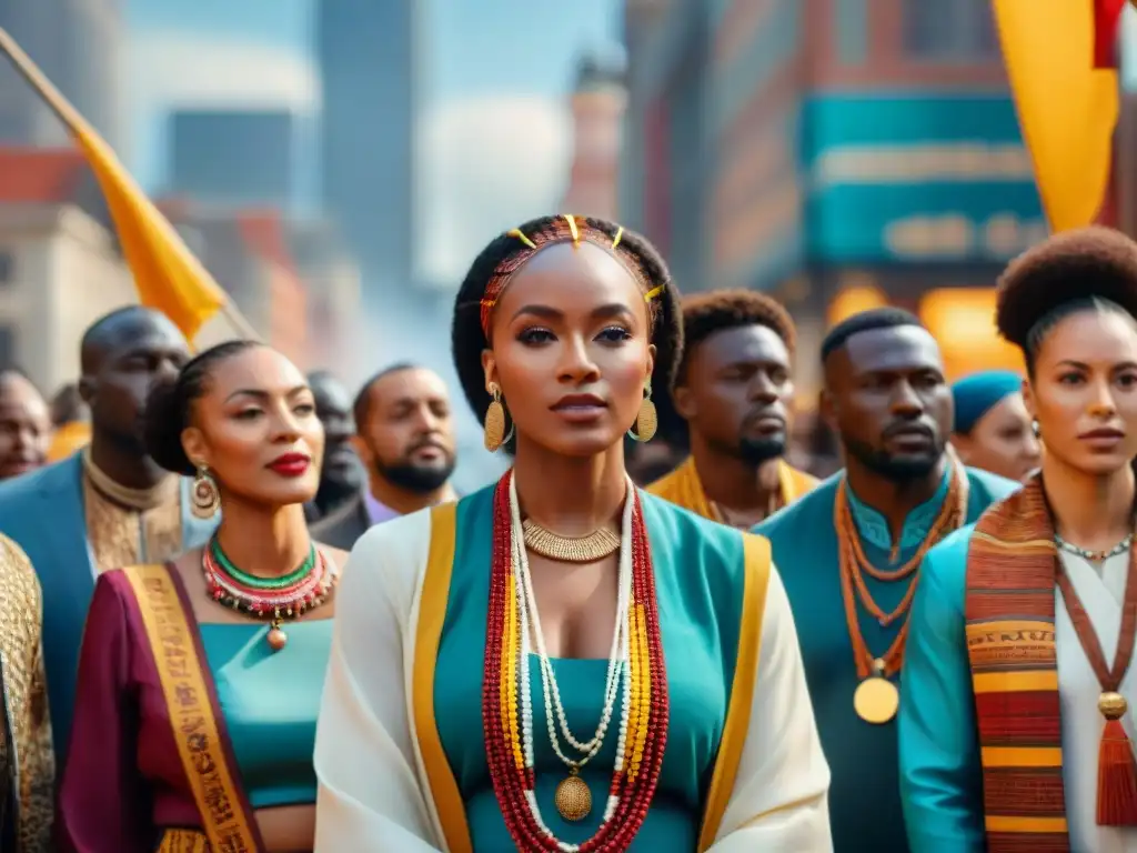 Una colorida diáspora africana mostrando su orgullo étnico en la plaza de la ciudad