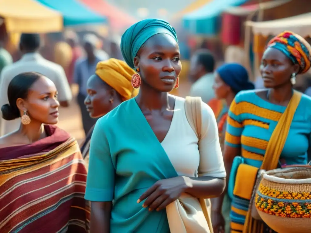 Una colorida escena de un bullicioso mercado en África, ilustrando la diversidad lingüística, migraciones y vida comunitaria en la región