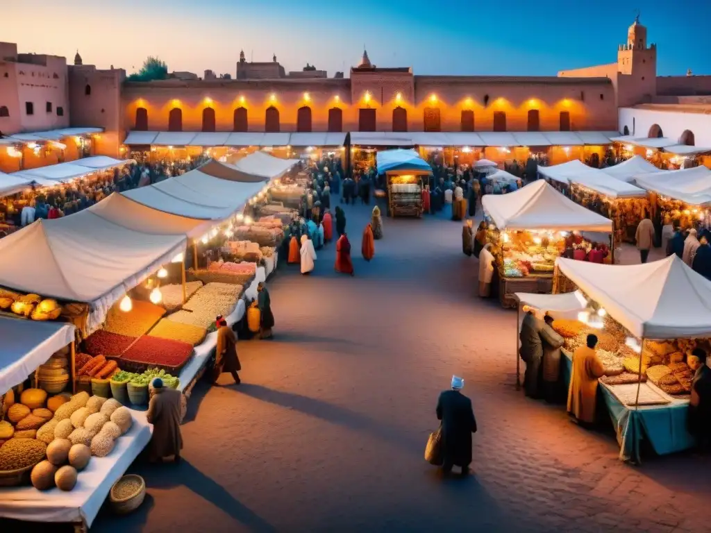 Una colorida escena de mercado en Marrakech, Marruecos, reflejando la influencia de África en entretenimiento