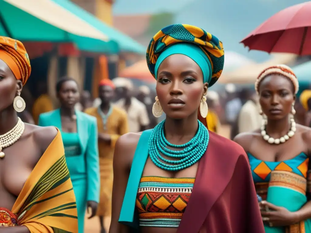 Colorida influencia de festividades africanas y moda en bullicioso mercado con telas Ankara y mujeres regateando bajo sombrillas