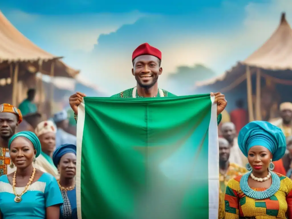 Colorida reunión de grupos étnicos nigerianos en un bullicioso mercado, mostrando su diversidad y unidad