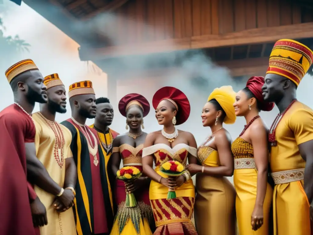 Colorida vestimenta ritual africana en boda tradicional de Ghana, simbolizando amor, fertilidad, riqueza y prosperidad