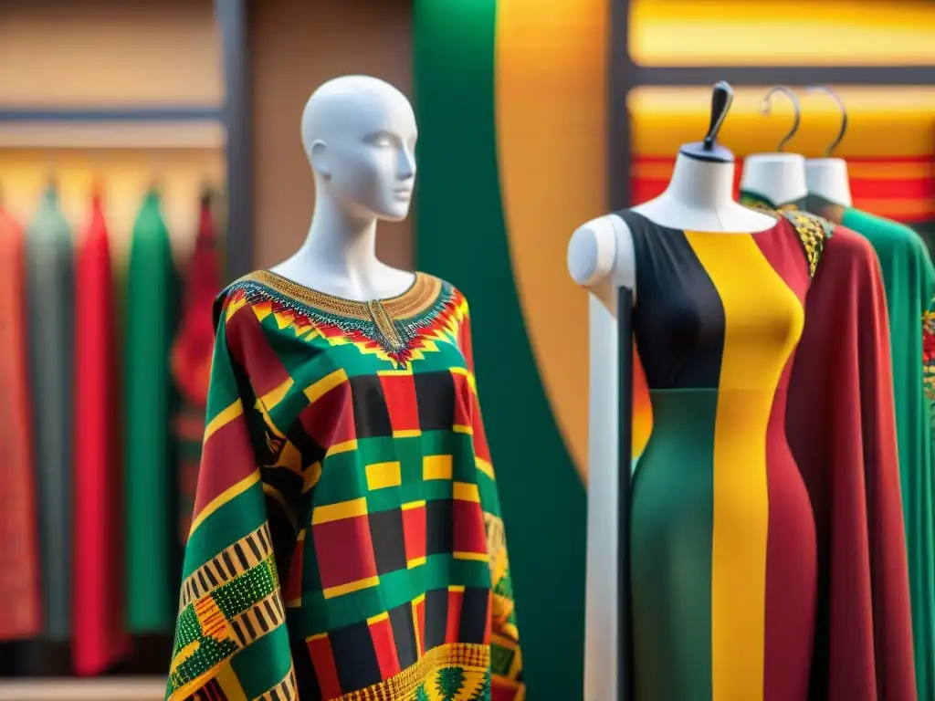 Colorido Kente en maniquí, símbolo de moda africana precolonial significado tejidos en mercado ghanés
