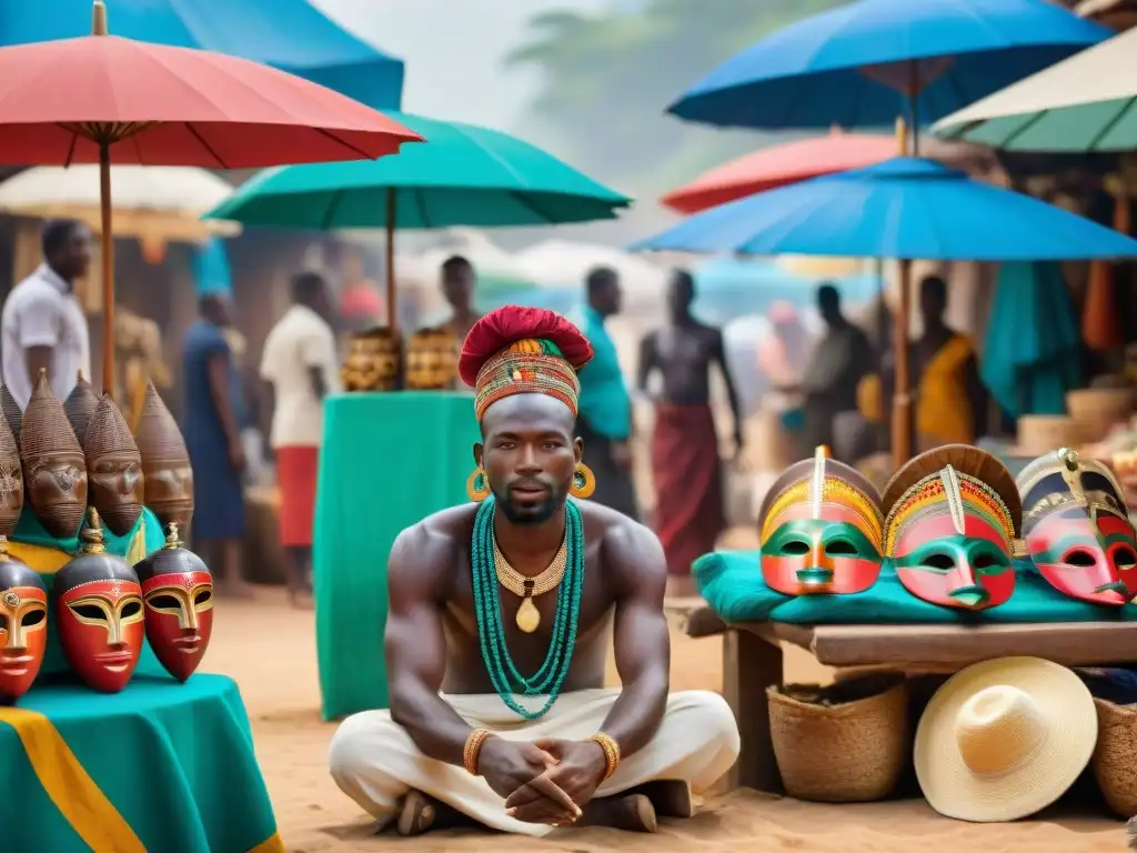 Colorido mercado africano costero con prácticas religiosas en África modernidad