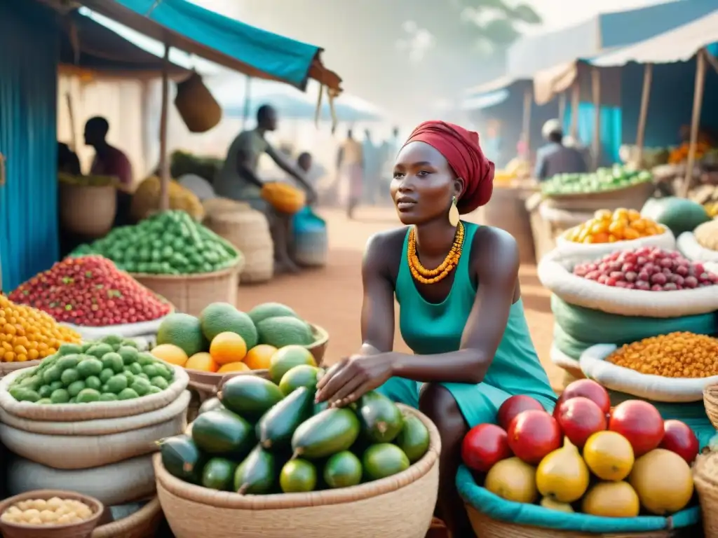 Un colorido mercado africano con ingredientes saludables y vibrante cultura