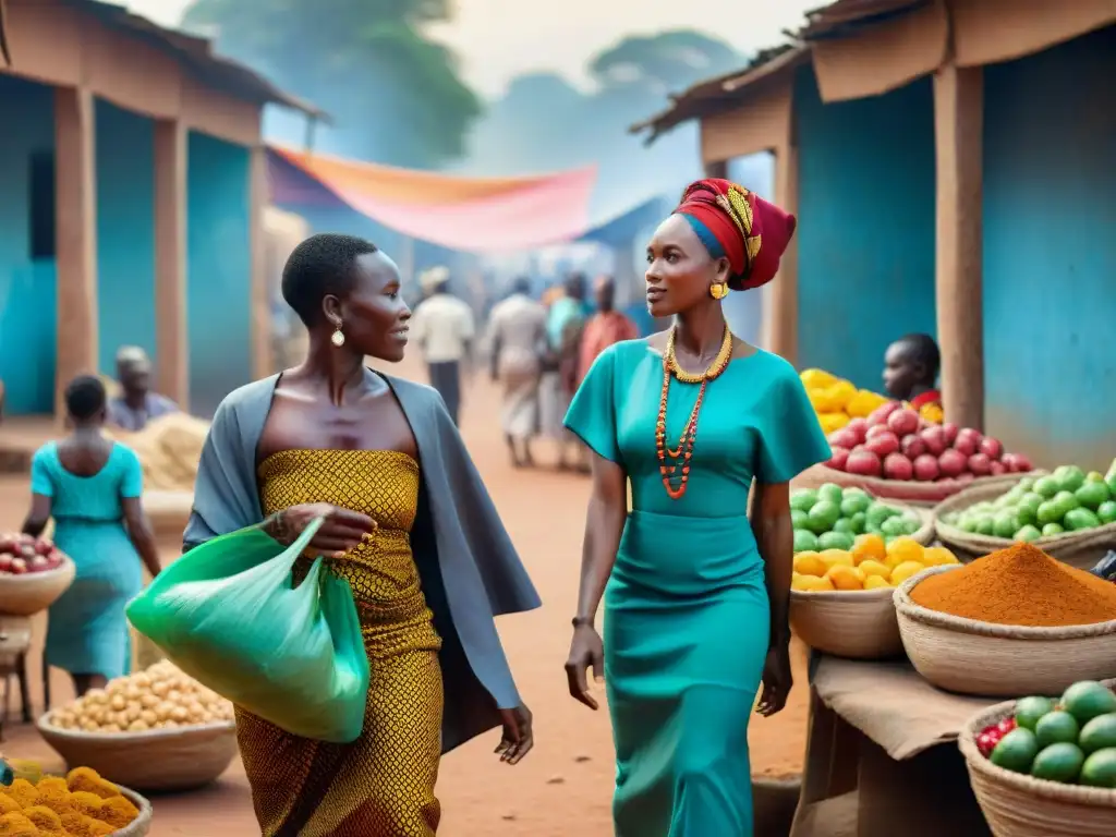 Colorido mercado africano con intermediarios en el comercio africano, comerciantes y edificios de barro