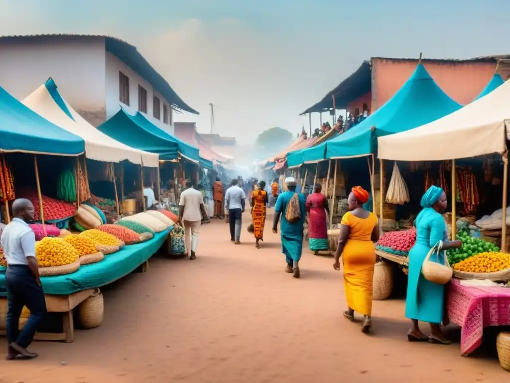 Colorido mercado africano fusiona modernidad y tradición con animada actividad, reflejando la literatura africana