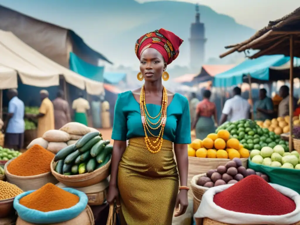 Colorido mercado africano rebosante de vida y tradición, reflejando la influencia gastronomía africana en global