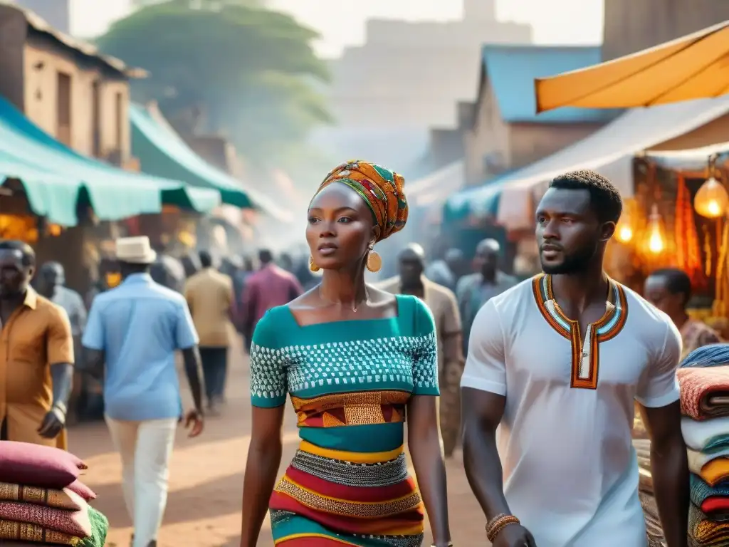 Colorido mercado africano fusionando tradición y tecnología, reflejando la influencia global de las civilizaciones africanas en la economía moderna