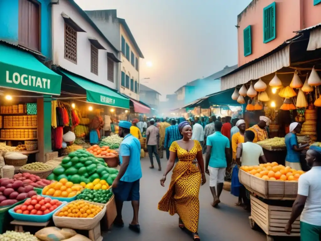 Colorido mercado en Lagos, Nigeria, reflejando la influencia global de la literatura diáspora africana