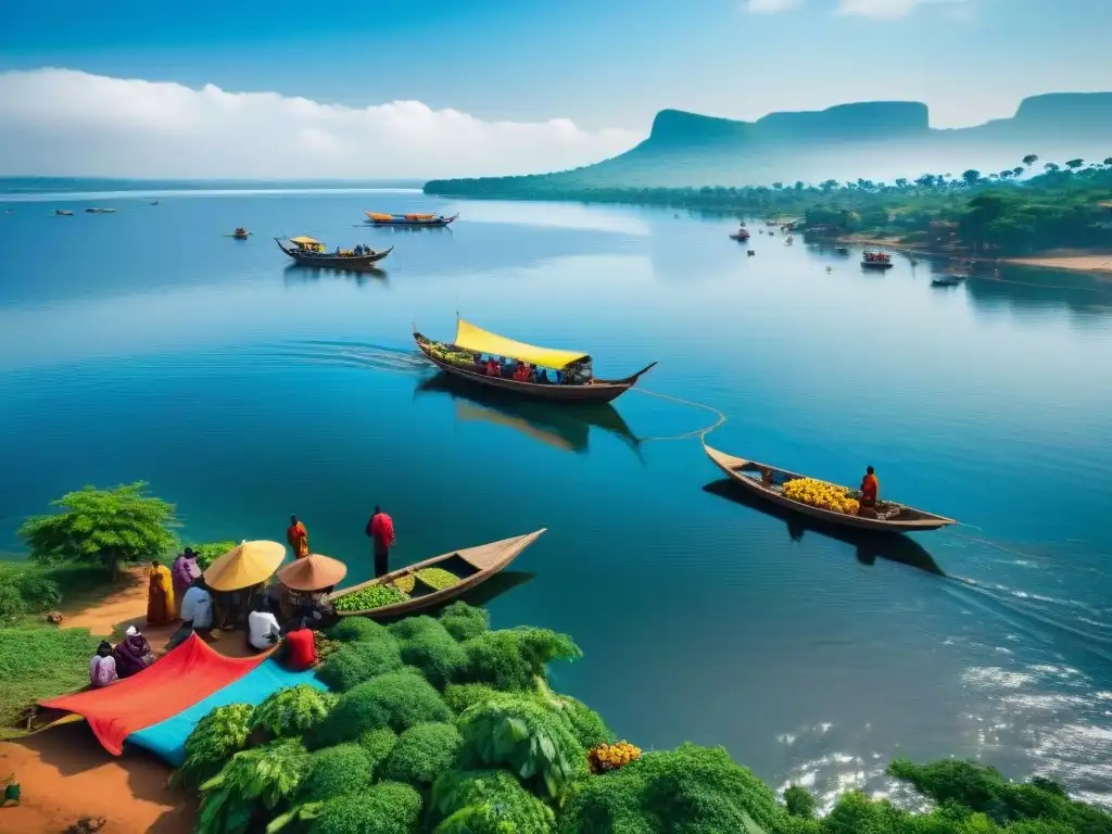 Colorido mercado a orillas del lago Victoria, con vendedores locales y barcas tradicionales