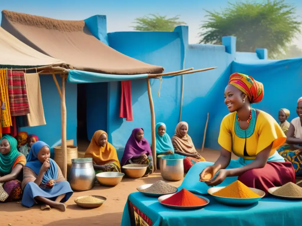 Colorido mercado Hausa en Nigeria, con telas, especias y artesanías